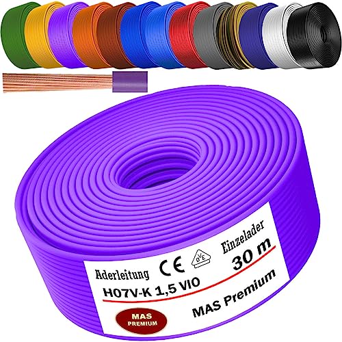 MAS Premium Aderleitung H07 V-K 1x1,5 mm² SW HBL GNGE GN RT DBL BR OR GR WS VIO U-MAR.BL oder GE Einzelader flexibel Von 5 bis 100m (Violett, 30m) von MAS Premium