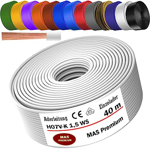 MAS Premium Aderleitung H07 V-K 1x1,5 mm² SW HBL GNGE GN RT DBL BR OR GR WS VIO U-MAR.BL RS RTWS DBLWS oder GE Einzelader flexibel Von 5 bis 100m (Weiß, 40m) von MAS Premium