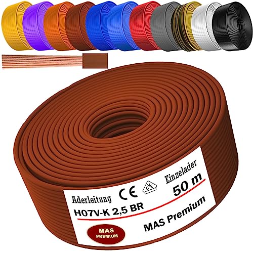 MAS Premium Aderleitung H07 V-K 1x2,5 mm² HBL GRGE RT DBL BR OR GR WS VIO oder GE Einzelader flexibel Von 5 bis 100m (Braun, 50m) von MAS Premium