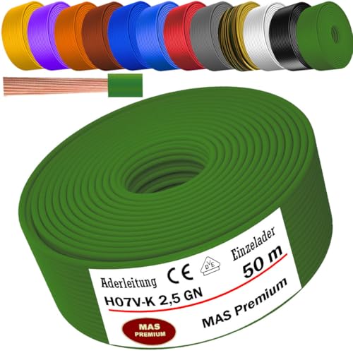 MAS Premium Aderleitung H07 V-K 1x2,5 mm² HBL GRGE RT DBL BR OR GR WS VIO GN oder GE Einzelader flexibel Von 5 bis 100m (Grün, 50m) von MAS Premium