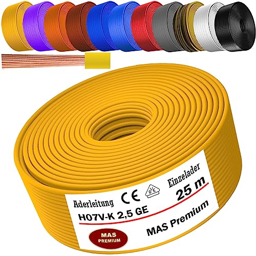 MAS Premium Aderleitung H07 V-K 1x2,5 mm² HBL GRGE RT DBL BR OR GR WS VIO oder GE Einzelader flexibel Von 5 bis 100m (Gelb, 25m) von MAS Premium