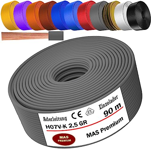 MAS Premium Aderleitung H07 V-K 1x2,5 mm² HBL GRGE RT DBL BR OR GR WS VIO oder GE Einzelader flexibel Von 5 bis 100m (Grau, 90m) von MAS Premium