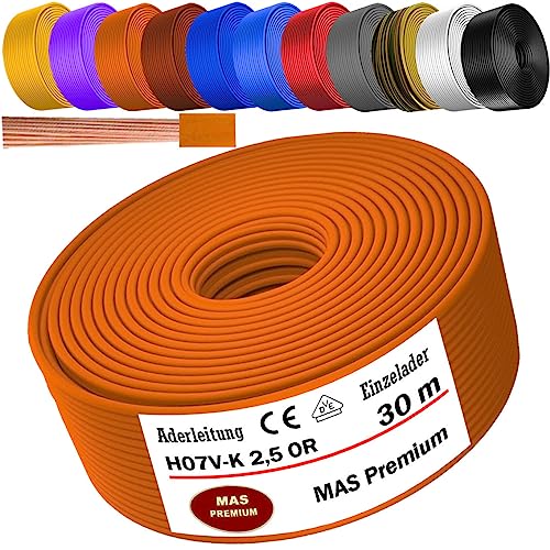 MAS Premium Aderleitung H07 V-K 1x2,5 mm² HBL GRGE RT DBL BR OR GR WS VIO oder GE Einzelader flexibel Von 5 bis 100m (Orange, 30m) von MAS Premium