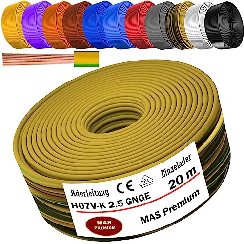 MAS Premium Aderleitung H07 V-K 1x2,5 mm² HBL GRGE RT DBL BR OR GR WS VIO oder GE Einzelader flexibel Von 5 bis 100m (Grüngelb, 20m) von MAS Premium
