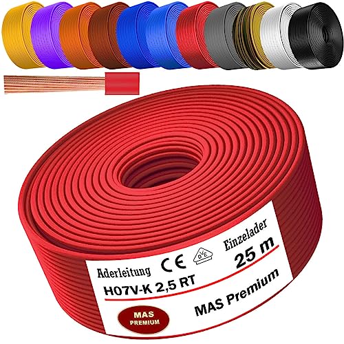 MAS Premium Aderleitung H07 V-K 1x2,5 mm² HBL GRGE RT DBL BR OR GR WS VIO oder GE Einzelader flexibel Von 5 bis 100m (Rot, 25m) von MAS Premium