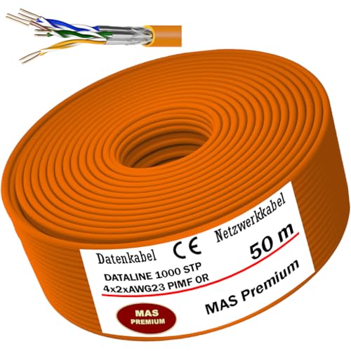 MAS Premium CAT 7 oder CAT 7 A Datenkabel von 5m bis 500m Netzwerkkabel Installationskabel Halogenfrei Kommunikationskabel Verlegekabel LAN Kabel (DATALINE 1000 STP 4X2XAWG23 OR, 50m) von MAS Premium
