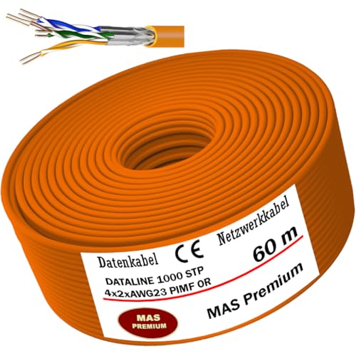 MAS Premium CAT 7 oder CAT 7 A Datenkabel von 5m bis 500m Netzwerkkabel Installationskabel Halogenfrei Kommunikationskabel Verlegekabel LAN Kabel (DATALINE 1000 STP 4X2XAWG23 OR, 60m) von MAS Premium