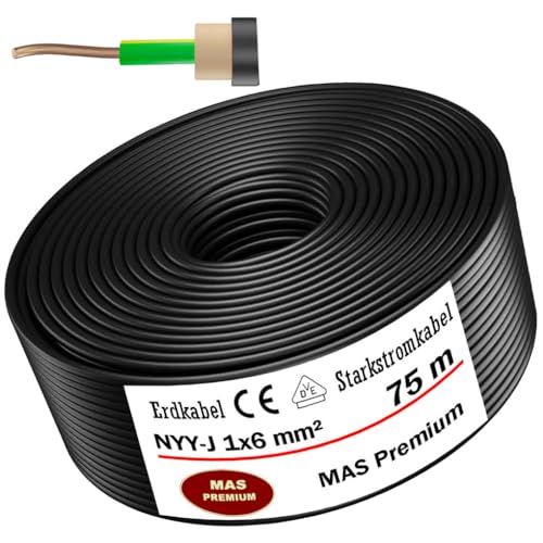 MAS-Premium Erdkabel Deutscher Marken-Elektrokabel Ring zur Verlegung im Erd- und Außenbereich Standard Starkstromkabel (NYY-J 1x6 mm², 75m) von MAS Premium