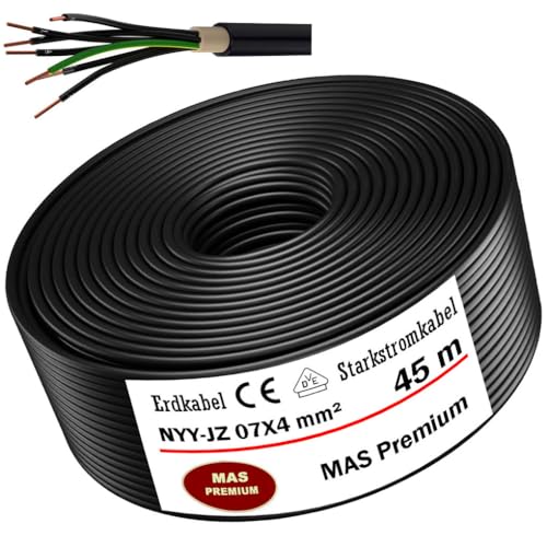 MAS Premium Erdkabel Starkstromkabel 5-100m NYY-JZ 7X1,5, 2,5 oder 4 Elektrokabel Ring zur Verlegung im Freien, Erdreich (NYY-JZ 7X4 mm², 45m) von MAS Premium
