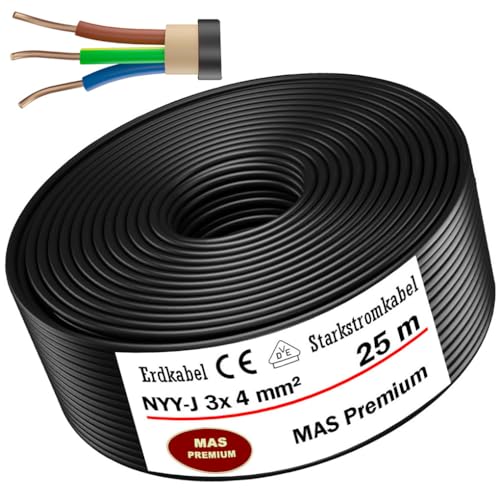 MAS-Premium® Erdkabel Deutscher Marken-Elektrokabel Ring zur Verlegung im Erd- und Außenbereich Standard Starkstromkabel (NYY-J 3x4 mm², 25m) von MAS Premium