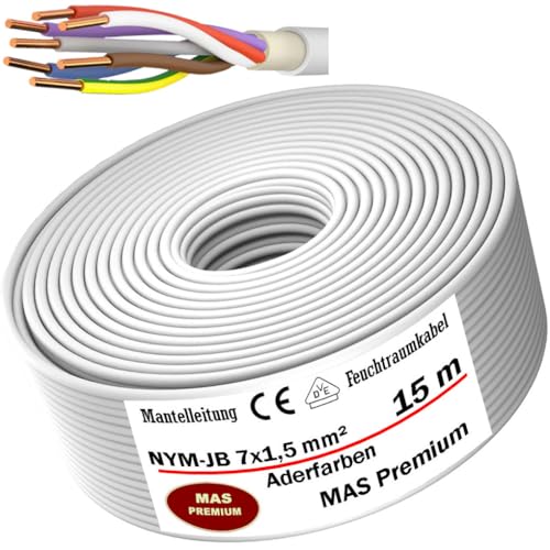MAS Premium Feuchtraumkabel Stromkabel 5-100m Mantelleitung NYM-JZ 7x1,5 x2,5 NYM-JB 7x1,5 (Aderfarben) Elektro Strom Kabel Installationskabel OFC für feste Verlegung (NYM-JB 7x1,5, 15m) von MAS Premium