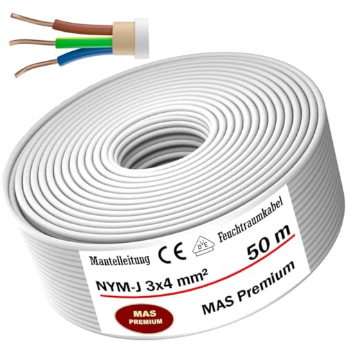 MAS Premium Feuchtraumkabel Stromkabel 5-200m Mantelleitung NYM-J 3x1, 5 2,5 4 6 10 oder 5x1,5 2,5 4 6 10 16 Elektrokabel für feste Verlegung (NYM-J 3x4 mm², 50m) von MAS Premium