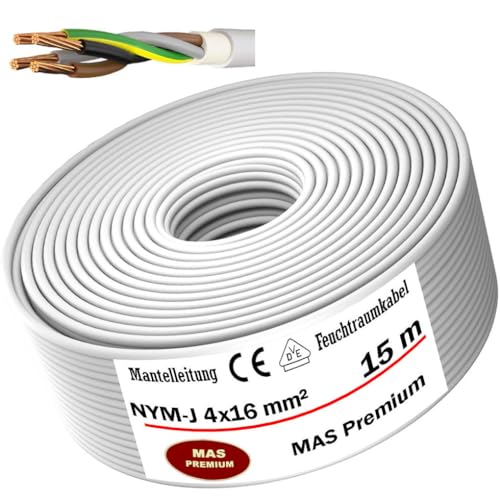 MAS Premium 5-100m Feuchtraumkabel Stromkabel Mantelleitung NYM-J 4x1,5, 2,5, 4, 6, 10 oder 16 Elektrokabel Ring für feste Verlegung (NYM-J 4x16 mm², 15m) von MAS Premium