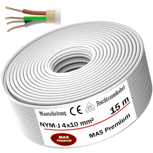 MAS Premium 5-100m Feuchtraumkabel Stromkabel Mantelleitung NYM-J 4x1,5, 2,5, 4, 6, 10 oder 16 Elektrokabel Ring für feste Verlegung (NYM-J 4x10 mm², 15m) von MAS Premium