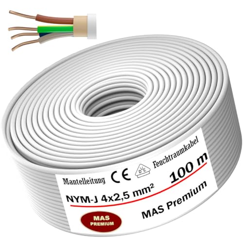 MAS-Premium Feuchtraumkabel Stromkabel von 5m bis 100m Mantelleitung NYM-J 4x2,5 mm² Elektrokabel Ring für feste Verlegung (100 m) von MAS-Premium