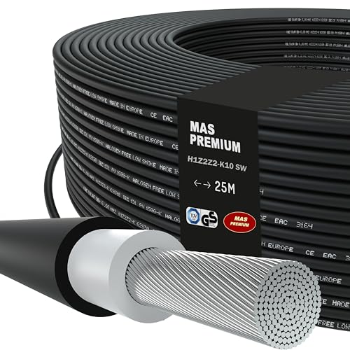 MAS Premium Solarkabel H1Z2Z2-K 4, 6, 10 mm² 5-200m Solarleitung TÜV-2 Halogenfrei doppelt isoliert Frei bewegliche oder feste Verlegung in Photovoltaikanlagen (H1Z2Z2-K 10, Schwarz, 25m) von MAS Premium