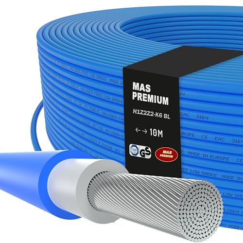 MAS Premium Solarkabel H1Z2Z2-K 4, 6, 10 mm² 5-200m Solarleitung TÜV-2 Halogenfrei doppelt isoliert Frei bewegliche oder feste Verlegung in Photovoltaikanlagen (H1Z2Z2-K 6, Blau, 10m) von MAS Premium