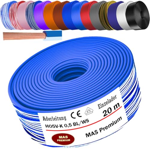 MAS Premium Von 5 bis 100m Aderleitung H05 V-K 0,5 mm² BLWS BR DBL DBLWS GNGE GR HBL OR RS RT RTWS SW U-MAR.BL VIO oder WS Einzelader flexibel (Blau-Weiß, 20m) von MAS Premium