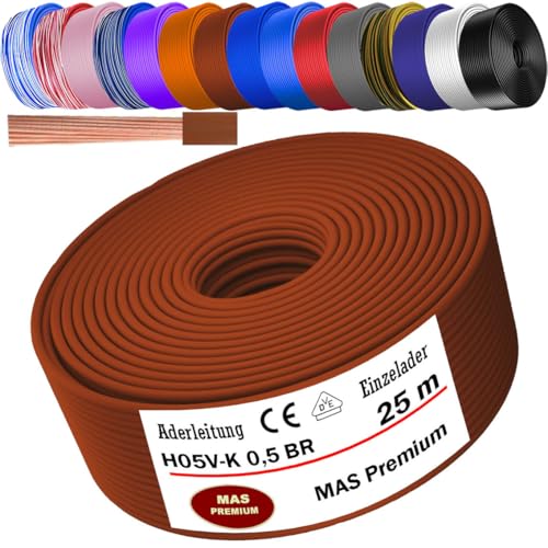 MAS Premium Von 5 bis 100m Aderleitung H05 V-K 0,5 mm² BLWS BR DBL DBLWS GNGE GR HBL OR RS RT RTWS SW U-MAR.BL VIO oder WS Einzelader flexibel (Braun, 25m) von MAS Premium