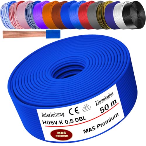 MAS Premium Von 5 bis 100m Aderleitung H05 V-K 0,5 mm² BLWS BR DBL DBLWS GNGE GR HBL OR RS RT RTWS SW U-MAR.BL VIO oder WS Einzelader flexibel (Dunkelblau, 50m) von MAS Premium