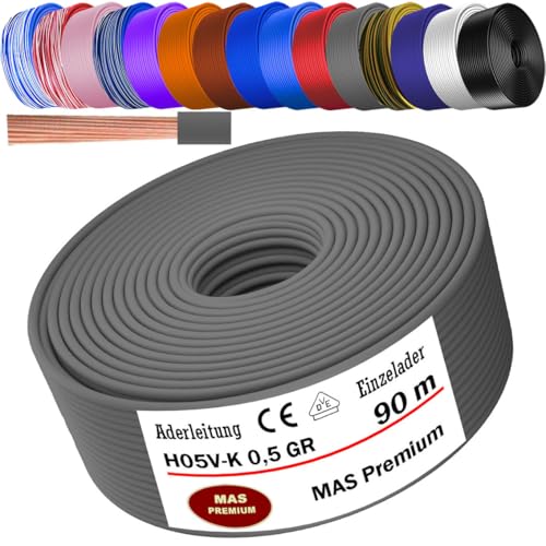 MAS Premium Von 5 bis 100m Aderleitung H05 V-K 0,5 mm² BLWS BR DBL DBLWS GNGE GR HBL OR RS RT RTWS SW U-MAR.BL VIO oder WS Einzelader flexibel (Grau, 90m) von MAS Premium