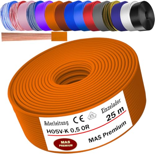 MAS Premium Von 5 bis 100m Aderleitung H05 V-K 0,5 mm² BLWS BR DBL DBLWS GNGE GR HBL OR RS RT RTWS SW U-MAR.BL VIO oder WS Einzelader flexibel (Orange, 25m) von MAS Premium