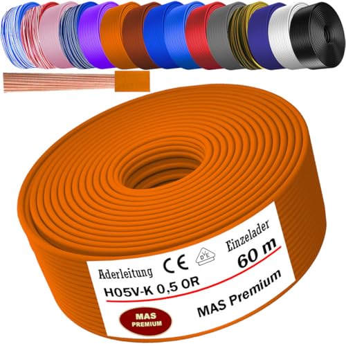 MAS Premium Von 5 bis 100m Aderleitung H05 V-K 0,5 mm² BLWS BR DBL DBLWS GNGE GR HBL OR RS RT RTWS SW U-MAR.BL VIO oder WS Einzelader flexibel (Orange, 60m) von MAS Premium
