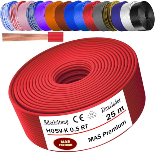 MAS Premium Von 5 bis 100m Aderleitung H05 V-K 0,5 mm² BLWS BR DBL DBLWS GNGE GR HBL OR RS RT RTWS SW U-MAR.BL VIO oder WS Einzelader flexibel (Rot, 25m) von MAS Premium