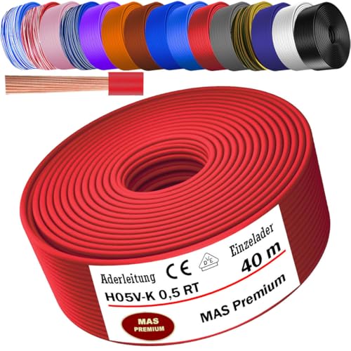 MAS Premium Von 5 bis 100m Aderleitung H05 V-K 0,5 mm² BLWS BR DBL DBLWS GNGE GR HBL OR RS RT RTWS SW U-MAR.BL VIO oder WS Einzelader flexibel (Rot, 40m) von MAS Premium
