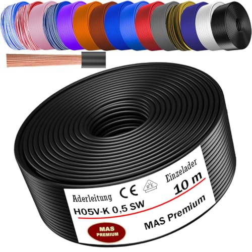 MAS Premium Von 5 bis 100m Aderleitung H05 V-K 0,5 mm² BLWS BR DBL DBLWS GNGE GR HBL OR RS RT RTWS SW U-MAR.BL VIO oder WS Einzelader flexibel (Schwarz, 10m) von MAS Premium
