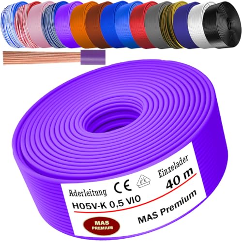 MAS Premium Von 5 bis 100m Aderleitung H05 V-K 0,5 mm² BLWS BR DBL DBLWS GNGE GR HBL OR RS RT RTWS SW U-MAR.BL VIO oder WS Einzelader flexibel (Violett, 40m) von MAS Premium