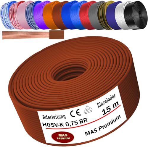 MAS Premium Von 5 bis 100m Aderleitung H05 V-K 0,75 mm² HBLWS BR DBL DBLWS GNGE GR HBL OR RS RT RTWS SW U-MAR.BL VIO oder WS Einzelader flexibel (Braun, 15m) von MAS Premium