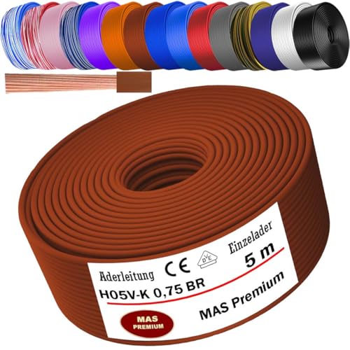 MAS Premium Von 5 bis 100m Aderleitung H05 V-K 0,75 mm² HBLWS BR DBL DBLWS GNGE GR HBL OR RS RT RTWS SW U-MAR.BL VIO oder WS Einzelader flexibel (Braun, 5m) von MAS Premium