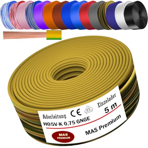 MAS Premium Von 5 bis 100m Aderleitung H05 V-K 0,75 mm² HBLWS BR DBL DBLWS GNGE GR HBL OR RS RT RTWS SW U-MAR.BL VIO oder WS Einzelader flexibel (Grüngelb, 5m) von MAS Premium