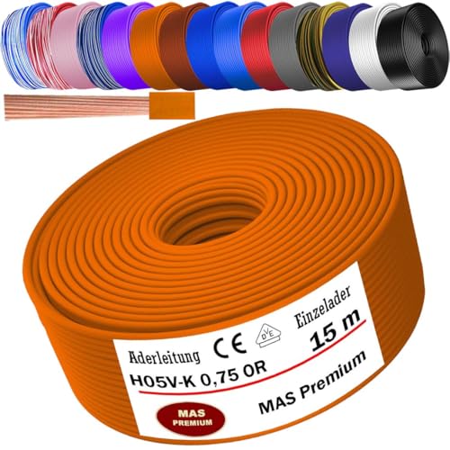 MAS Premium Von 5 bis 100m Aderleitung H05 V-K 0,75 mm² HBLWS BR DBL DBLWS GNGE GR HBL OR RS RT RTWS SW U-MAR.BL VIO oder WS Einzelader flexibel (Orange, 15m) von MAS Premium