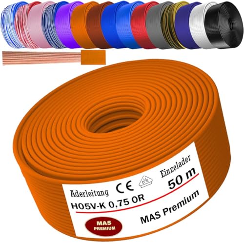 MAS Premium Von 5 bis 100m Aderleitung H05 V-K 0,75 mm² HBLWS BR DBL DBLWS GNGE GR HBL OR RS RT RTWS SW U-MAR.BL VIO oder WS Einzelader flexibel (Orange, 50m) von MAS Premium