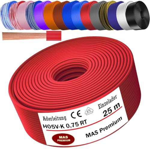 MAS Premium Von 5 bis 100m Aderleitung H05 V-K 0,75 mm² HBLWS BR DBL DBLWS GNGE GR HBL OR RS RT RTWS SW U-MAR.BL VIO oder WS Einzelader flexibel (Rot, 25m) von MAS Premium
