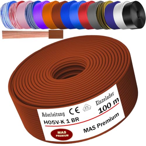 MAS Premium Von 5 bis 100m Aderleitung H05 V-K 1 mm² BLWS BR DBL DBLWS GNGE GR HBL OR RS RT RTWS SW U-MAR.BL VIO oder WS Einzelader flexibel (Braun, 100m) von MAS Premium