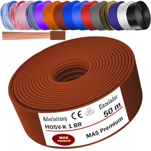 MAS Premium Von 5 bis 100m Aderleitung H05 V-K 1 mm² BLWS BR DBL DBLWS GNGE GR HBL OR RS RT RTWS SW U-MAR.BL VIO oder WS Einzelader flexibel (Braun, 50m) von MAS Premium