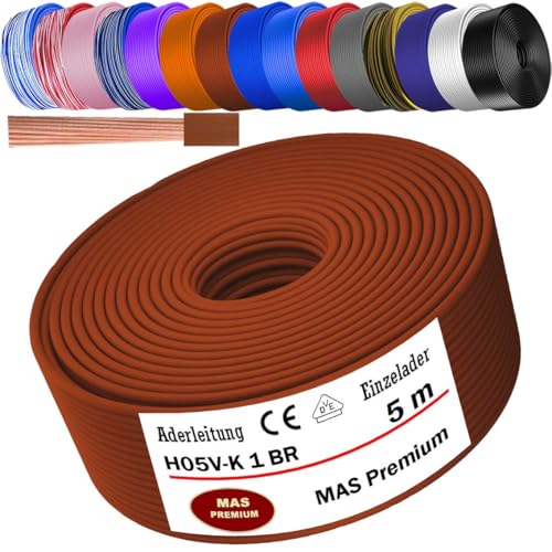 MAS Premium Von 5 bis 100m Aderleitung H05 V-K 1 mm² BLWS BR DBL DBLWS GNGE GR HBL OR RS RT RTWS SW U-MAR.BL VIO oder WS Einzelader flexibel (Braun, 5m) von MAS Premium