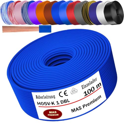 MAS Premium Von 5 bis 100m Aderleitung H05 V-K 1 mm² BLWS BR DBL DBLWS GNGE GR HBL OR RS RT RTWS SW U-MAR.BL VIO oder WS Einzelader flexibel (Dunkelblau, 100m) von MAS Premium