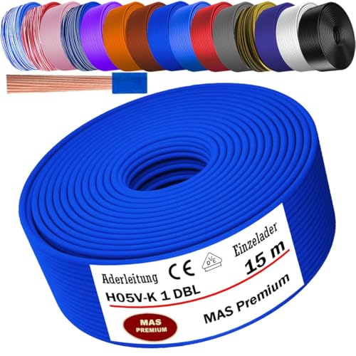 MAS Premium Von 5 bis 100m Aderleitung H05 V-K 1 mm² BLWS BR DBL DBLWS GNGE GR HBL OR RS RT RTWS SW U-MAR.BL VIO oder WS Einzelader flexibel (Dunkelblau, 15m) von MAS Premium