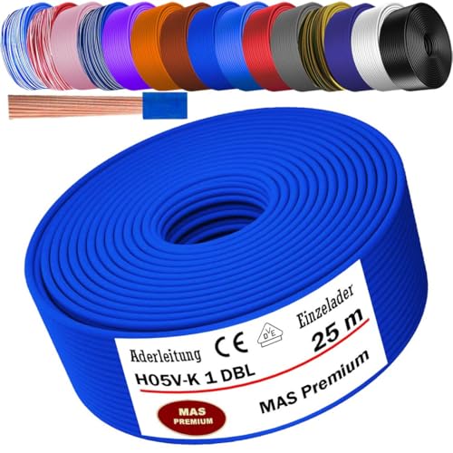 MAS Premium Von 5 bis 100m Aderleitung H05 V-K 1 mm² BLWS BR DBL DBLWS GNGE GR HBL OR RS RT RTWS SW U-MAR.BL VIO oder WS Einzelader flexibel (Dunkelblau, 25m) von MAS Premium