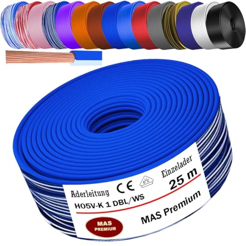 MAS Premium Von 5 bis 100m Aderleitung H05 V-K 1 mm² BLWS BR DBL DBLWS GNGE GR HBL OR RS RT RTWS SW U-MAR.BL VIO oder WS Einzelader flexibel (Dunkelblau-Weiß, 25m) von MAS Premium