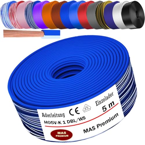 MAS Premium Von 5 bis 100m Aderleitung H05 V-K 1 mm² BLWS BR DBL DBLWS GNGE GR HBL OR RS RT RTWS SW U-MAR.BL VIO oder WS Einzelader flexibel (Dunkelblau-Weiß, 5m) von MAS Premium