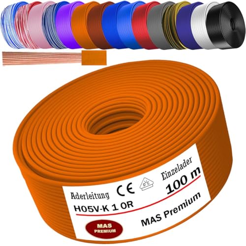 MAS Premium Von 5 bis 100m Aderleitung H05 V-K 1 mm² BLWS BR DBL DBLWS GNGE GR HBL OR RS RT RTWS SW U-MAR.BL VIO oder WS Einzelader flexibel (Orange, 100m) von MAS Premium