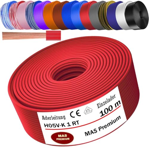 MAS Premium Von 5 bis 100m Aderleitung H05 V-K 1 mm² BLWS BR DBL DBLWS GNGE GR HBL OR RS RT RTWS SW U-MAR.BL VIO oder WS Einzelader flexibel (Rot, 100m) von MAS Premium