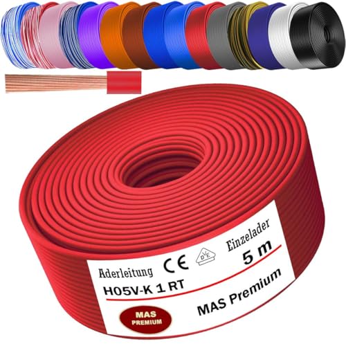 MAS Premium Von 5 bis 100m Aderleitung H05 V-K 1 mm² BLWS BR DBL DBLWS GNGE GR HBL OR RS RT RTWS SW U-MAR.BL VIO oder WS Einzelader flexibel (Rot, 5m) von MAS Premium