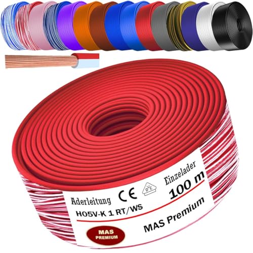 MAS Premium Von 5 bis 100m Aderleitung H05 V-K 1 mm² BLWS BR DBL DBLWS GNGE GR HBL OR RS RT RTWS SW U-MAR.BL VIO oder WS Einzelader flexibel (Rot-Weiß, 100m) von MAS Premium