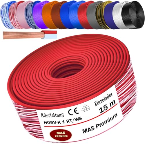 MAS Premium Von 5 bis 100m Aderleitung H05 V-K 1 mm² BLWS BR DBL DBLWS GNGE GR HBL OR RS RT RTWS SW U-MAR.BL VIO oder WS Einzelader flexibel (Rot-Weiß, 15m) von MAS Premium